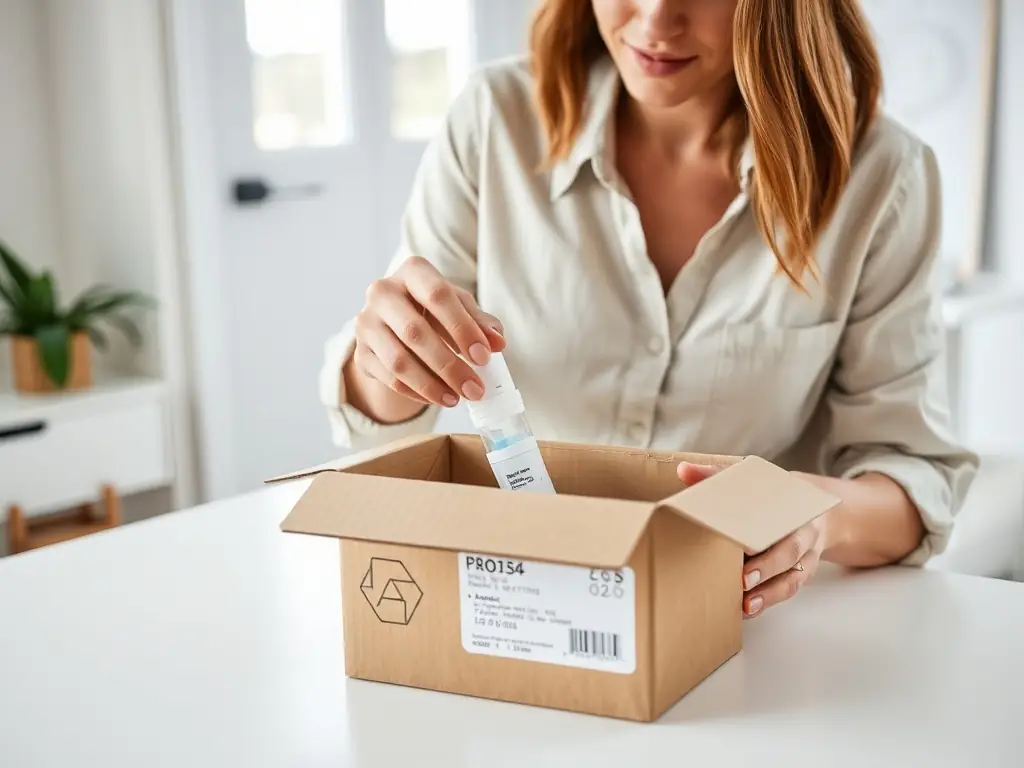 A photograph depicting a person packaging their diabetic test strips for shipment, with a prepaid shipping label clearly visible on the box.