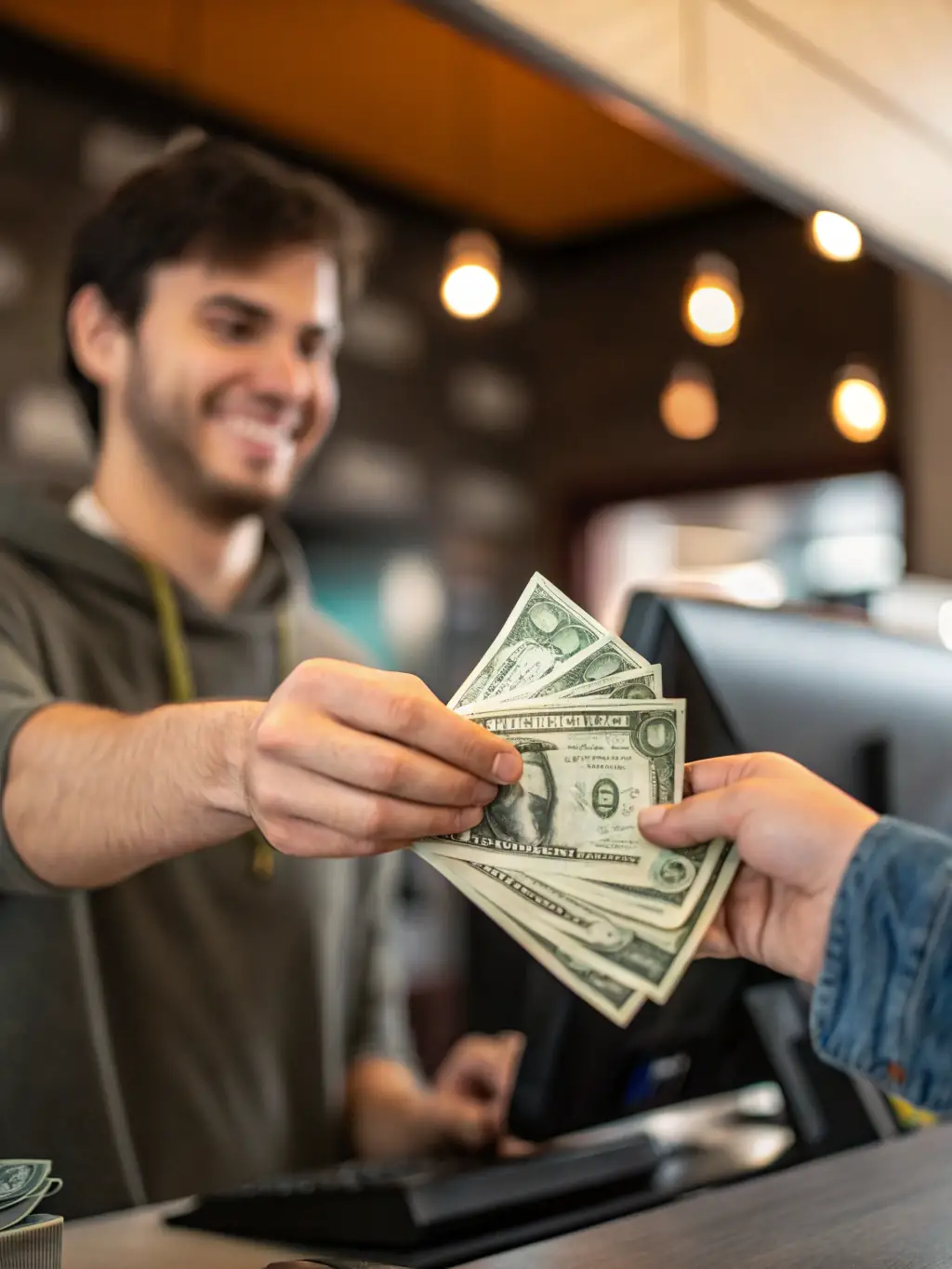 A hand receiving cash, symbolizing the quick and easy payment process after the test strips have been successfully verified.